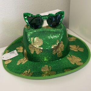 St. Patrick's Day shamrock Hat Green/Gold Festive One Size & 💚 sunglasses